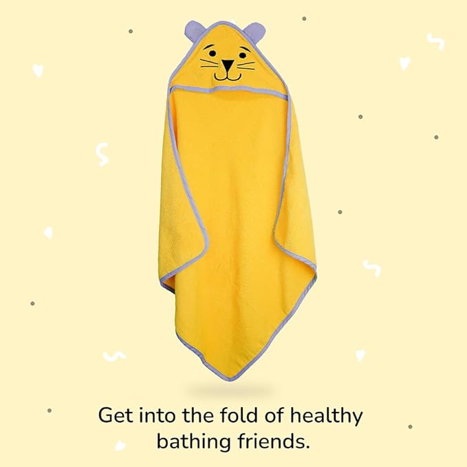 Tinylane 100% Cotton Terry Baby Hooded Towel for New Born, Super Soft Highly Absorbent, Size - 68 x 68cm, 0-2 Years (Yellow Bear)