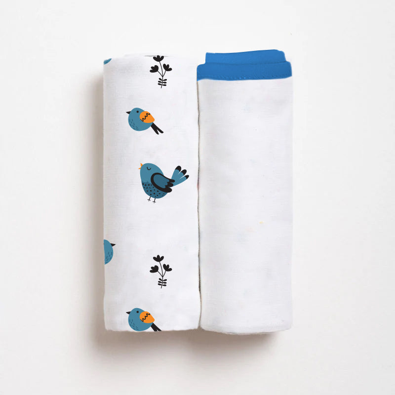 Tweeting Bird & Classic White Baby Swaddle Set | Pack Of 2 | 90 x 90 cm