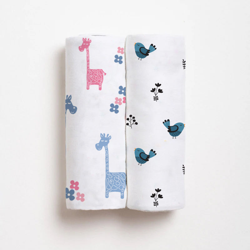 Lanky Giraffe & Tweeting Bird Bamboo Swaddle Set | Pack Of 2  | 90 x 90 cm