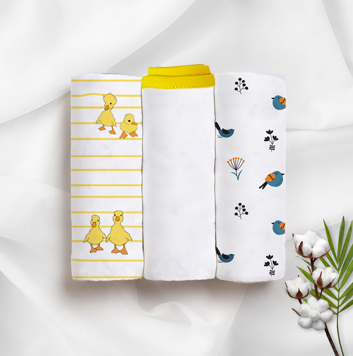 Duck, Bird & Classic White Swaddle Set | Pack Of 3 | 90 x 90 cm