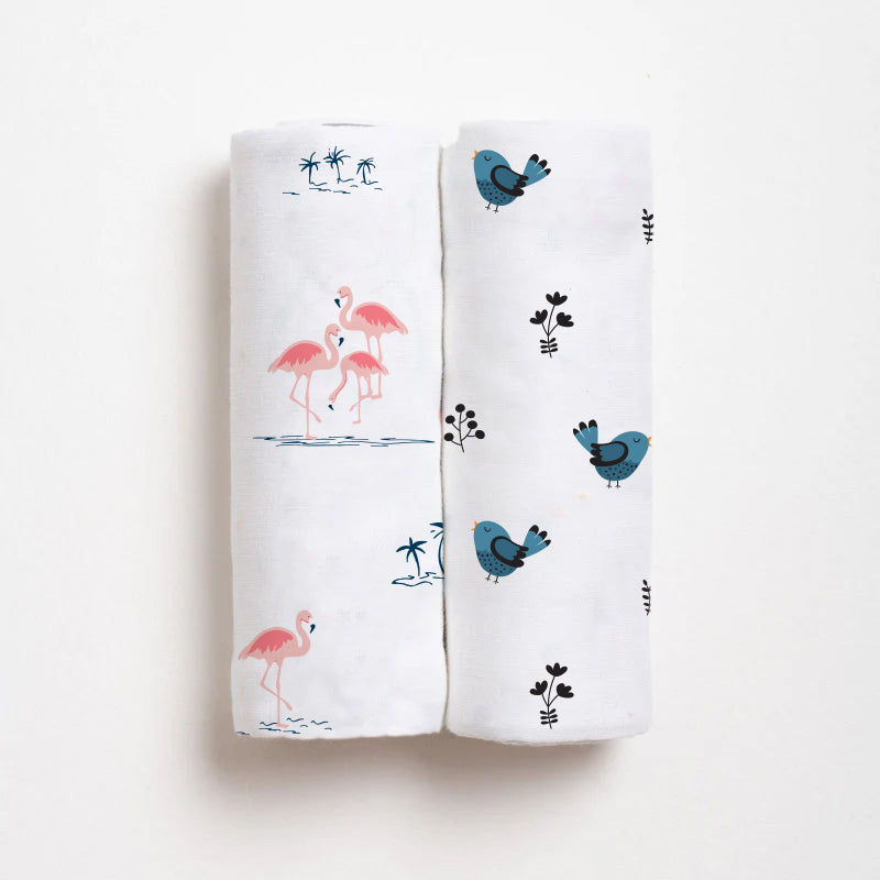 Fab Flamingo & Tweeting Bird Bamboo Swaddle Set | Pack Of 2  | 90 x 90 cm