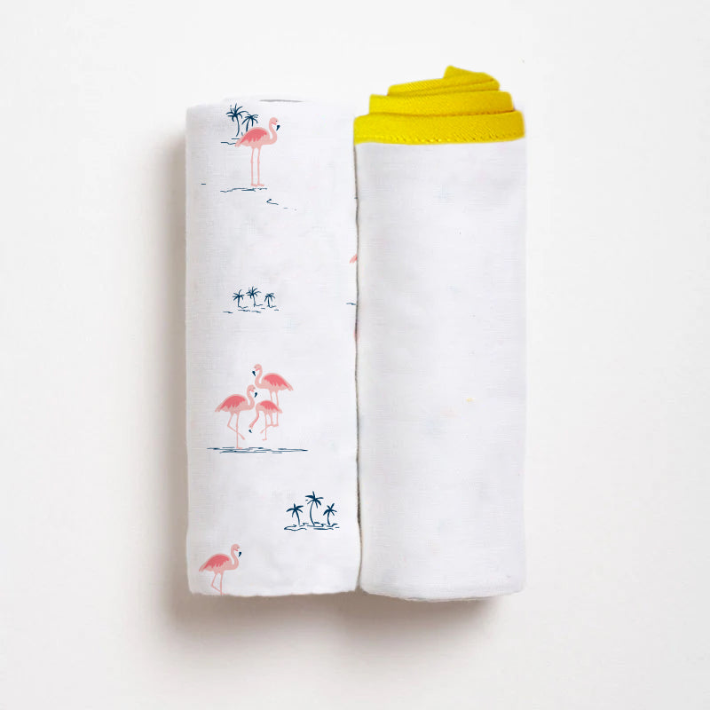 Fab Flamingo & Classic White Baby Swaddle Set | Pack Of 2 | 90 x 90 cm