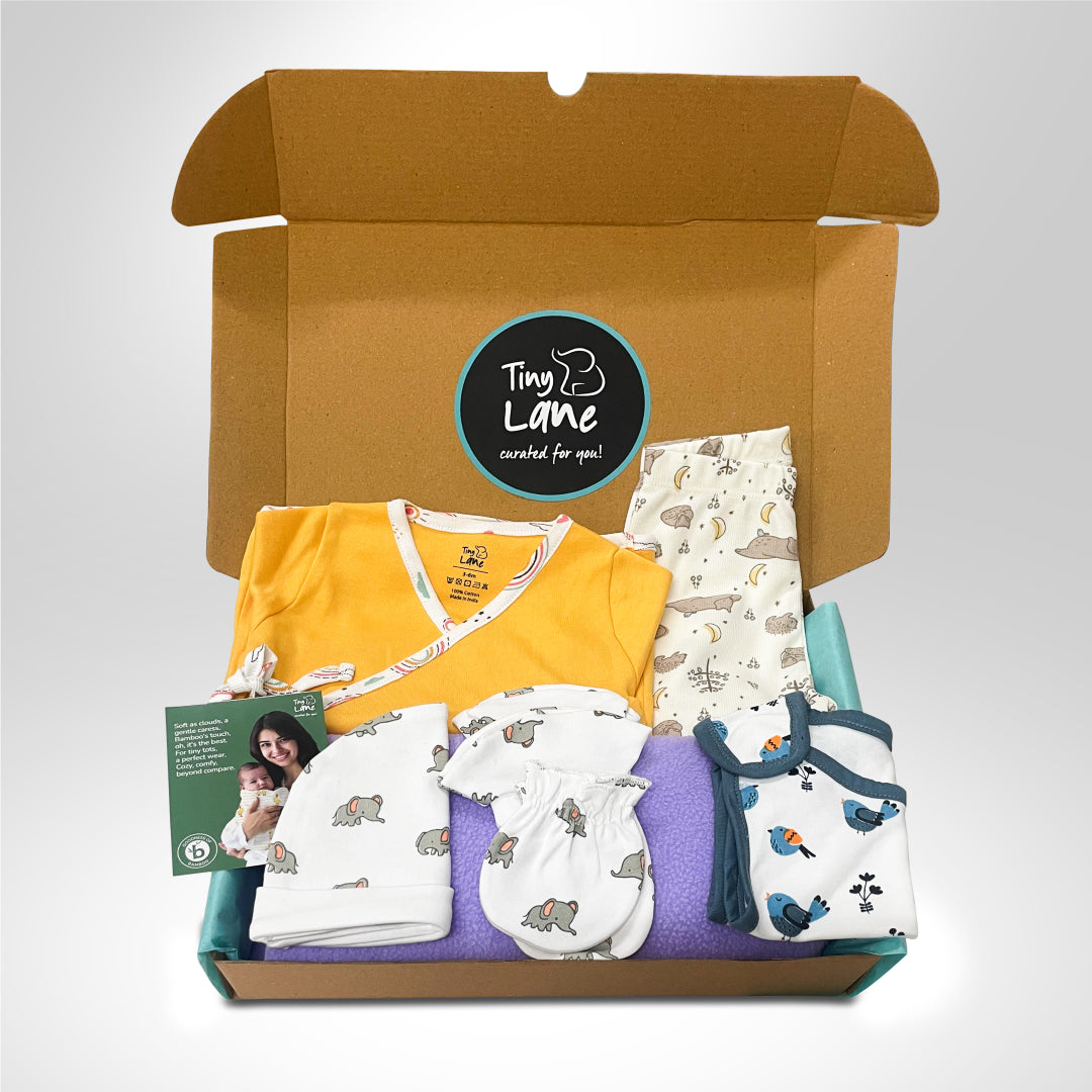 QUICK - Baby Essentials Set of 7 - Mustard Jhabla+Cat leggings+CBM+Bird bib+Purple dry mat