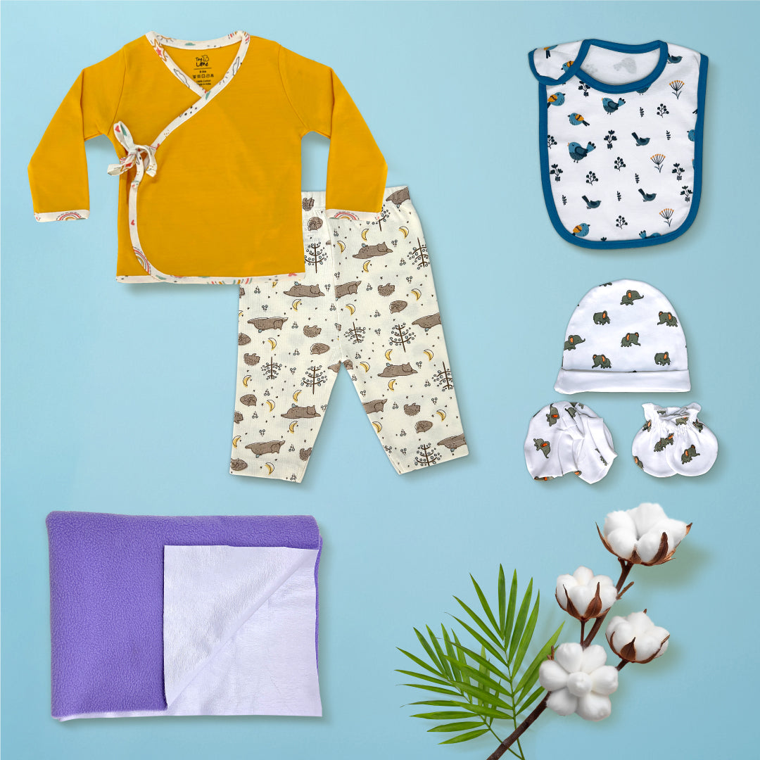 Angel Eyes Essentials Set (Mustard Jhabla+Cat leggings+CBM+Bird bib+Purple dry matt)