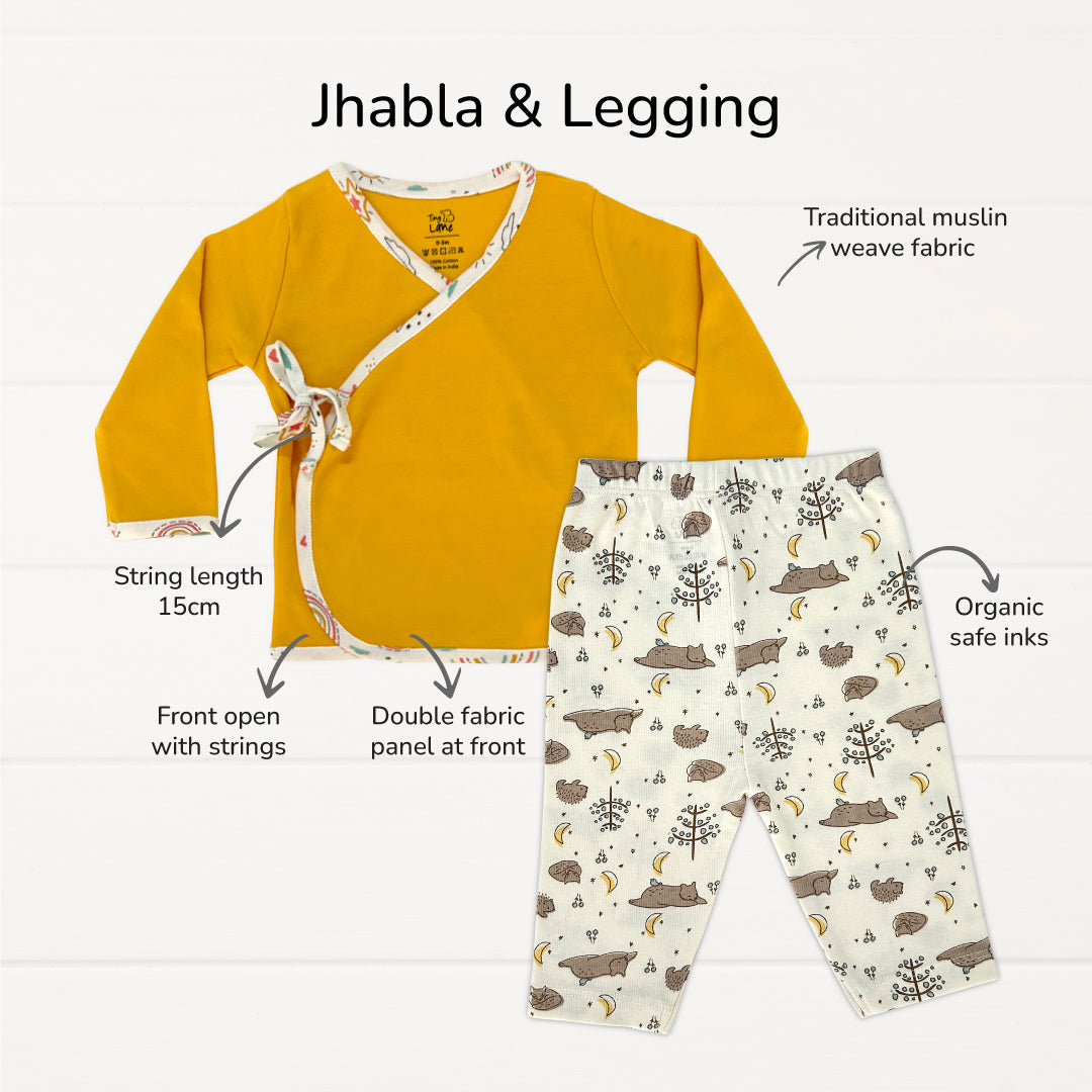 QUICK - Baby Essentials Set of 7 - Mustard Jhabla+Cat leggings+CBM+Bird bib+Purple dry mat