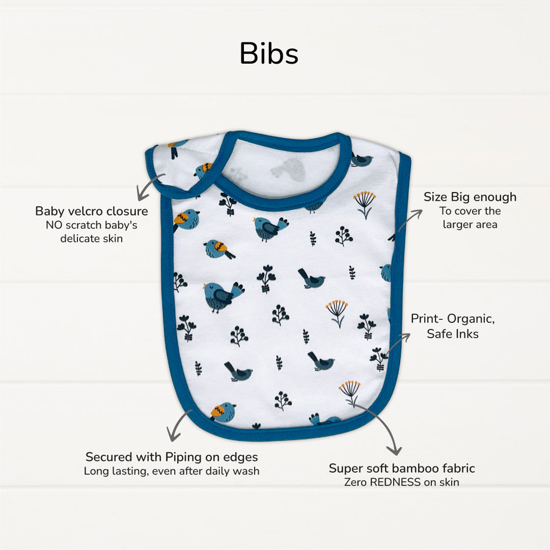 QUICK - Baby Essentials Set of 7 - Mustard Jhabla+Cat leggings+CBM+Bird bib+Purple dry mat