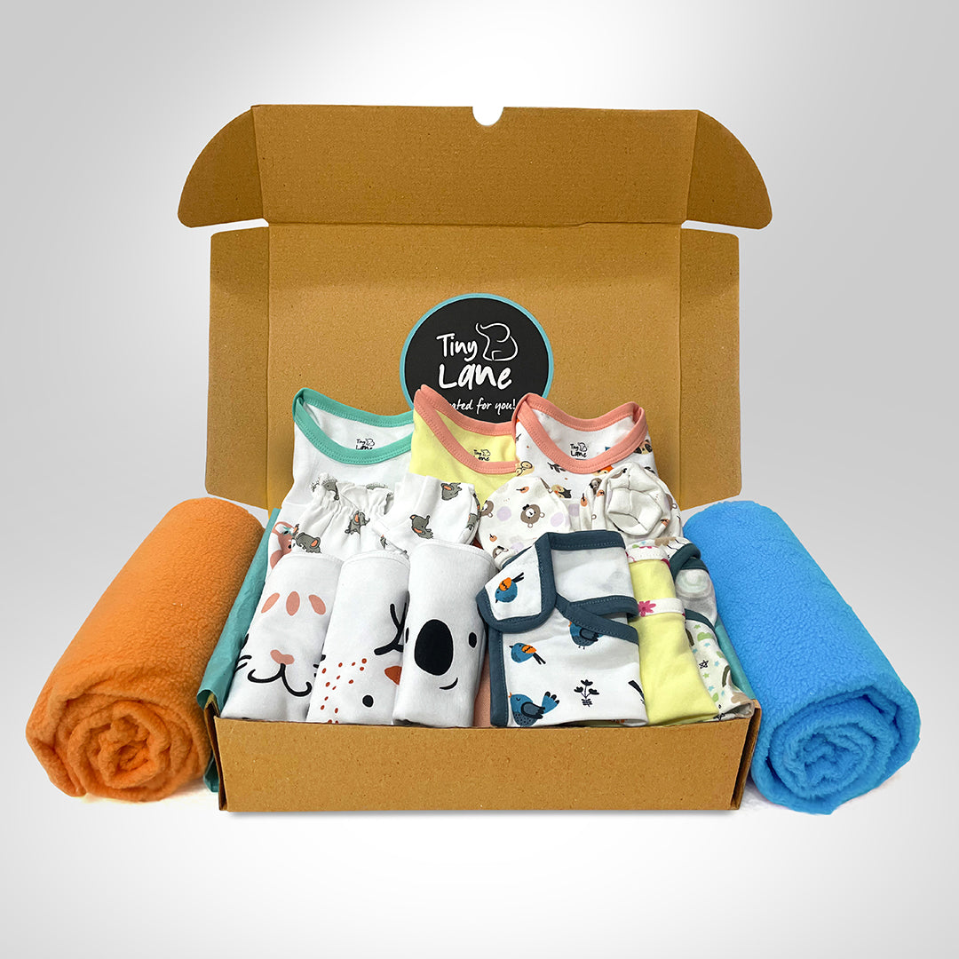 Baby Gift Set Pack of 17 - Onesies, CBM, Nappies, Drymats, Bibs