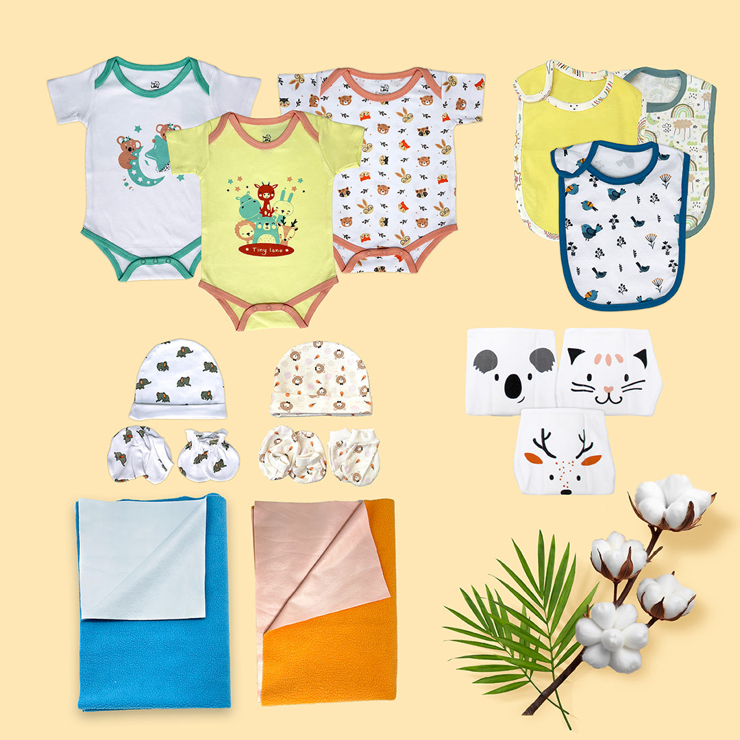 Baby Gift Set Pack of 13 - 3 Onesies, 2 Changing Mats, 3 Nappies, 2 Dry Mats, 3 Bibs