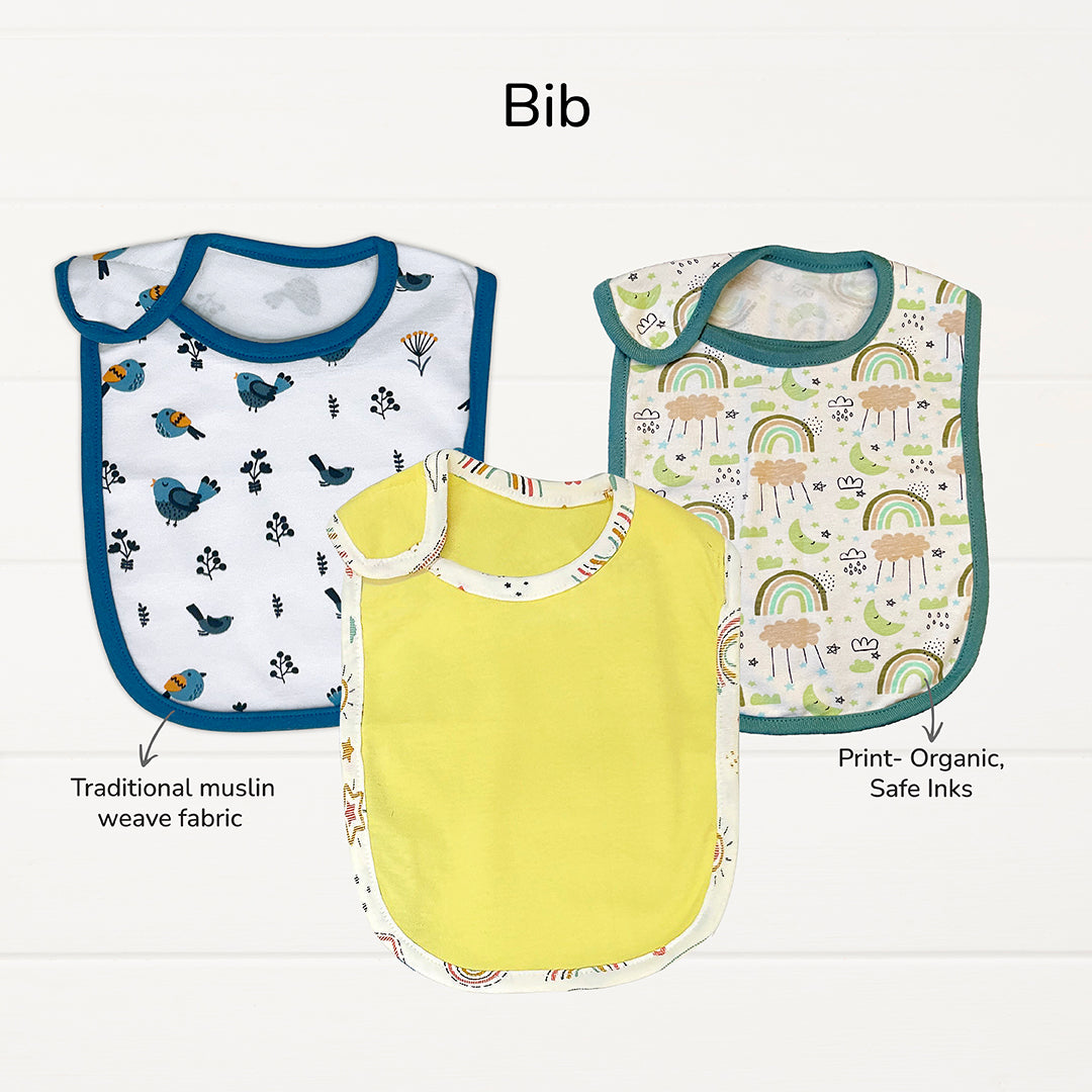 Baby Gift Set Pack of 13 - 3 Onesies, 2 Changing Mats, 3 Nappies, 2 Dry Mats, 3 Bibs