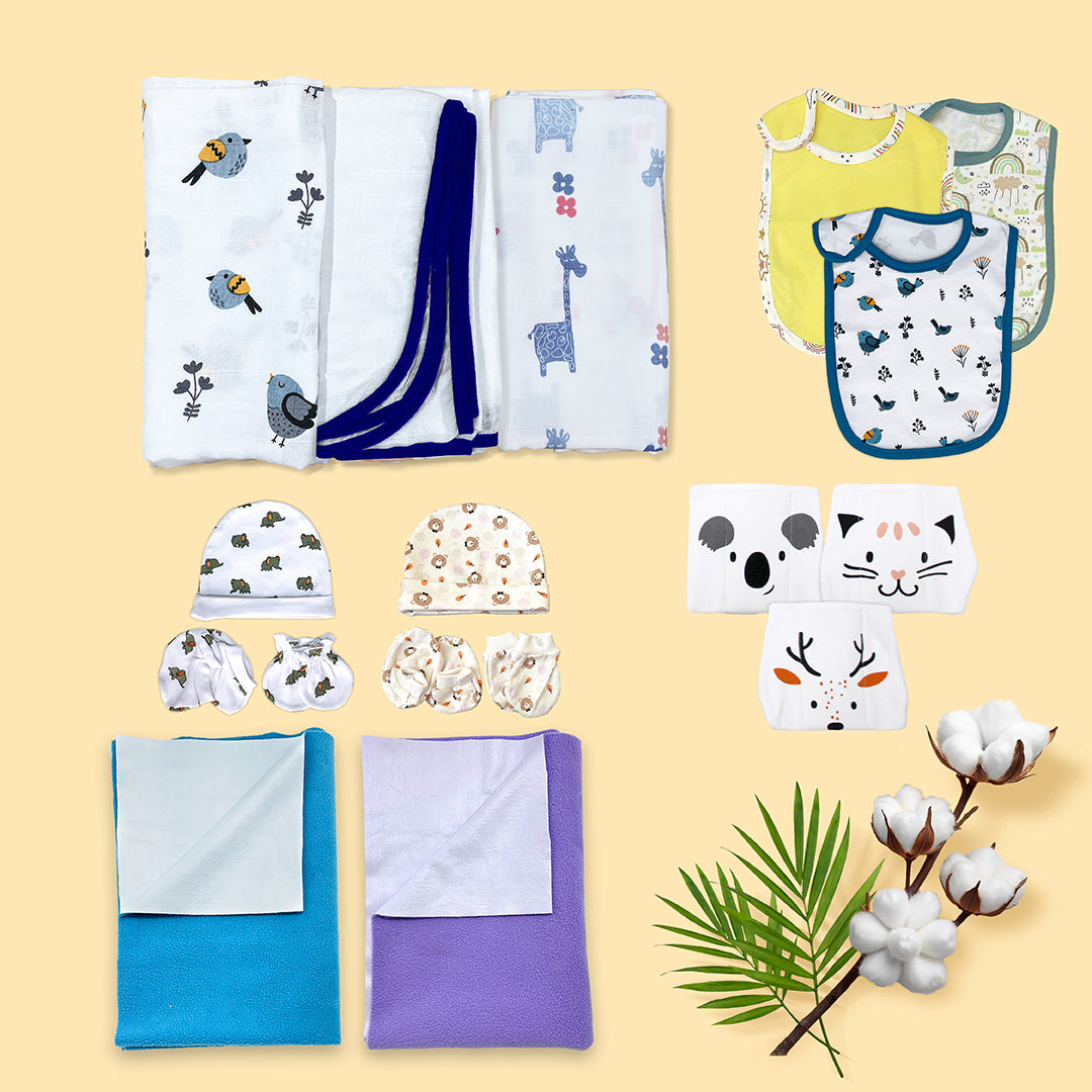 Newborn Baby Gifts Set Pack of 17 - Swaddles + CBM + Nappies + Drymats + Bibs