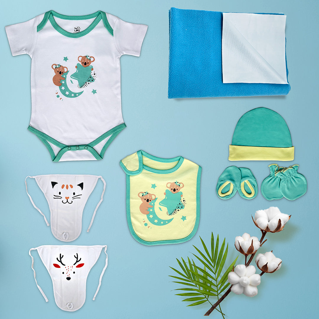 Neonatal Essentials - (set of 7)  variant  1: Onesie - 1kresent koala + 2 Nappy +1 mint green CBM +1 KK bib+ blue Dry mat