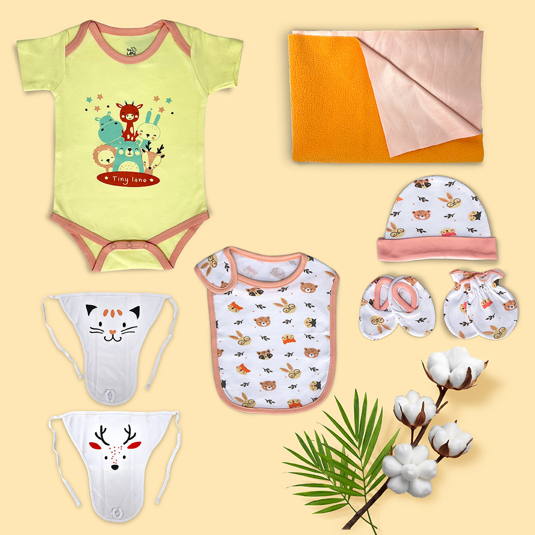 Neonatal Essentials - (set of 7) - variant  - 3| Onesie - Jolly ride + 2 Nappy +1 Animal face CBM +1 Animal face bib+ Orange Dry mat