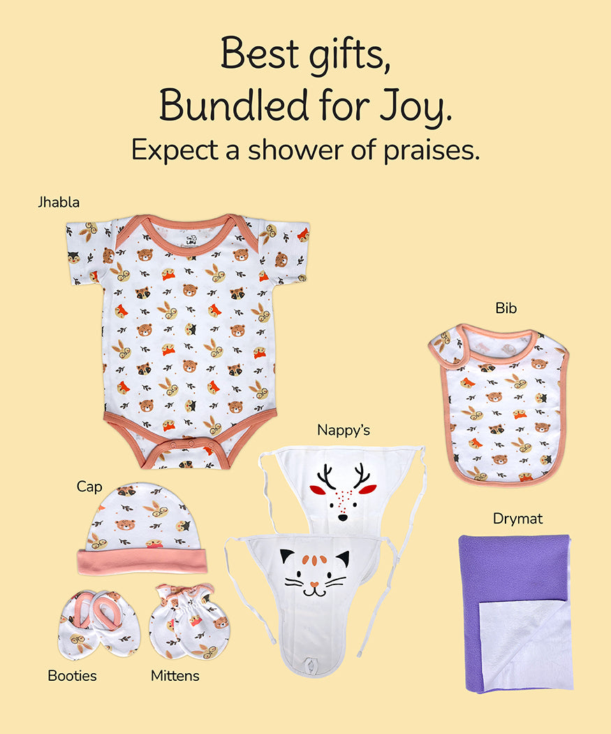 Neonatal Essentials - (set of 7)  variant  2: Onesie - 1 Animal face + 2 Nappy +1 Animal CBM +1 animal bib+ Purple Dry ma