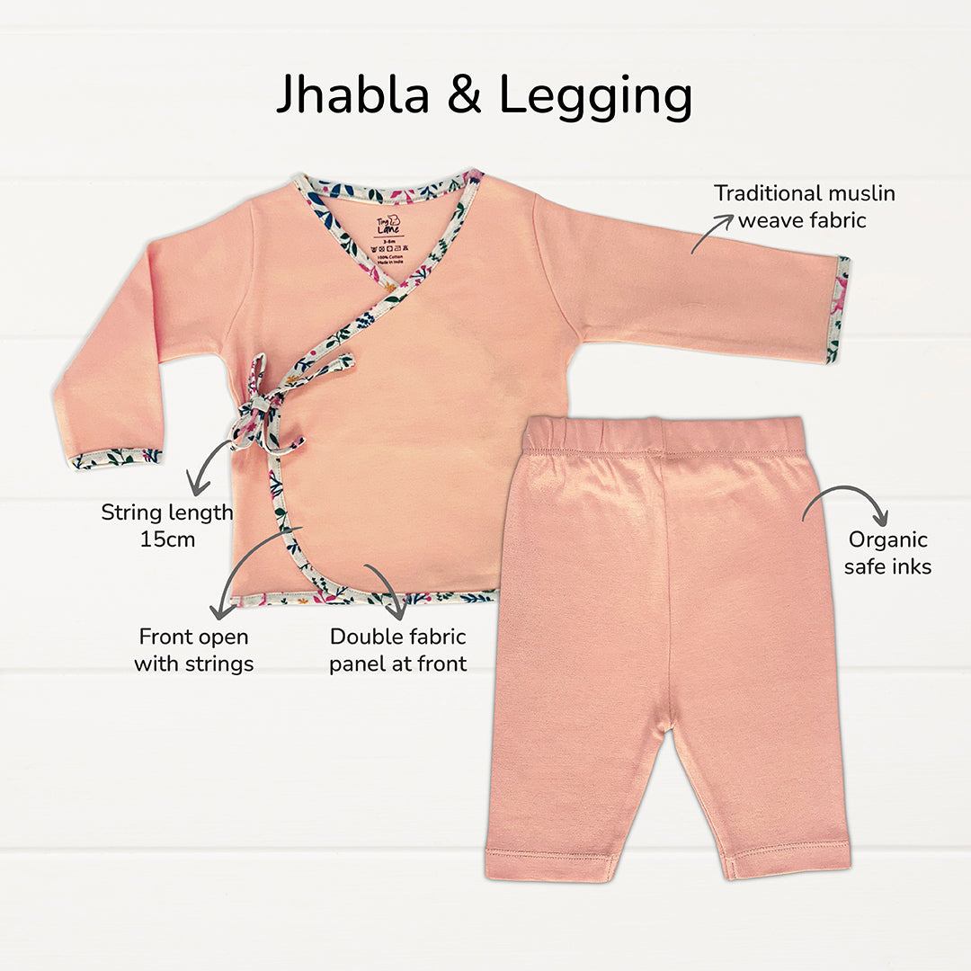 QUICK - Baby Essentials (set of 7)- Peach Jhabla + Peach Legging+ New Panda CBM + 1 Bib- Bird  + Orange Drymat