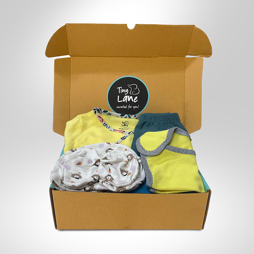 QUICK - Baby Essentials (set of 7)- Yellow Jhabla + Teal Legging+ New Panda CBM + 1 Bib- Yellow  + Blue Drymat