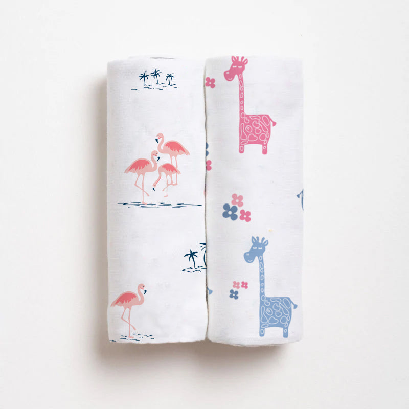 Fab Flamingo & Lanky Giraffe Baby Swaddle Set | Pack Of 2  | 90 x 90 cm