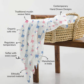 Lanky Giraffe & Classic White Baby Swaddle Set | Pack Of 2  | 90 x 90 cm