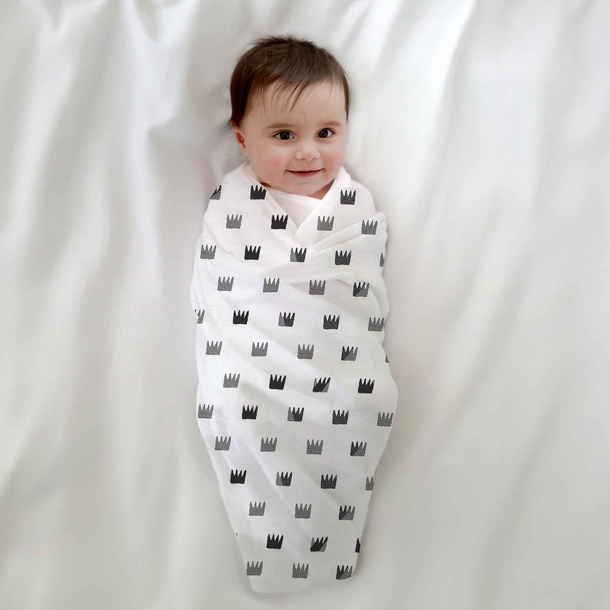 Grey Crowns Organic Bamboo Baby Swaddle | 120 x 120 cm