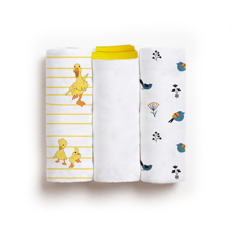 Duck, Bird & Classic White Swaddle Set | Pack Of 3 | 90 x 90 cm